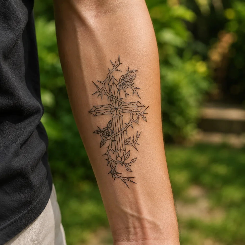 SafeTatt — Thorn Cross · fotografie tetování na kůži
