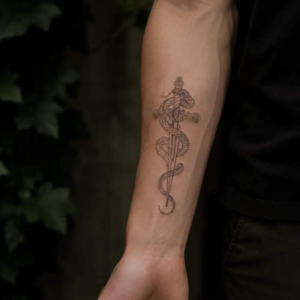 SafeTatt — Serpent Blade · fotografie tetování na kůži