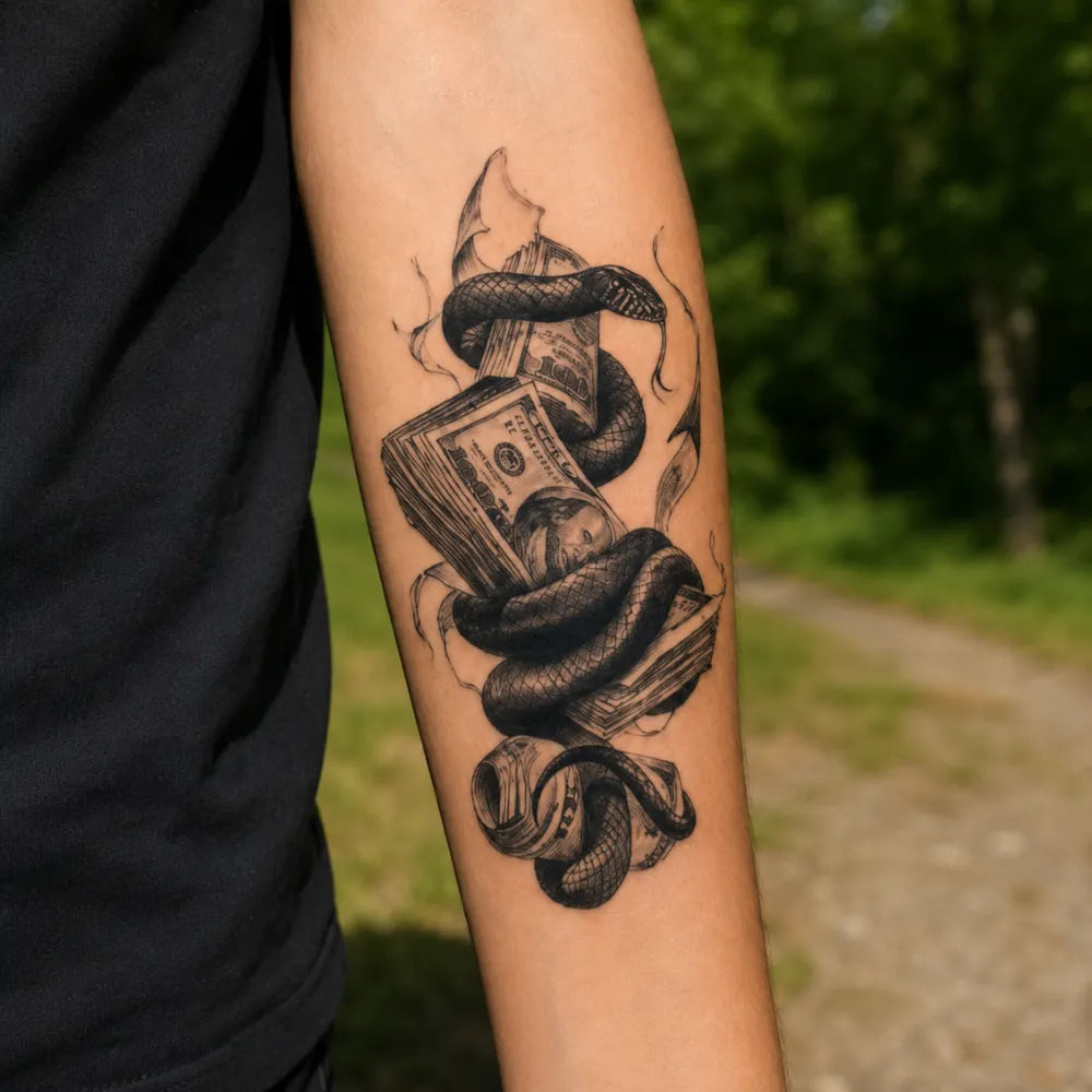SafeTatt — Snake and Money · fotografie tetování na kůži