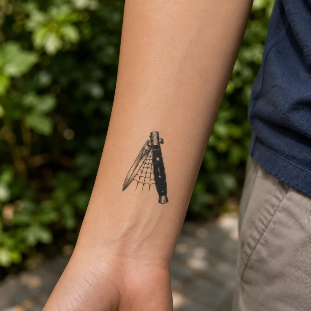 SafeTatt — Knife and Spiderweb · fotografie tetování na kůži