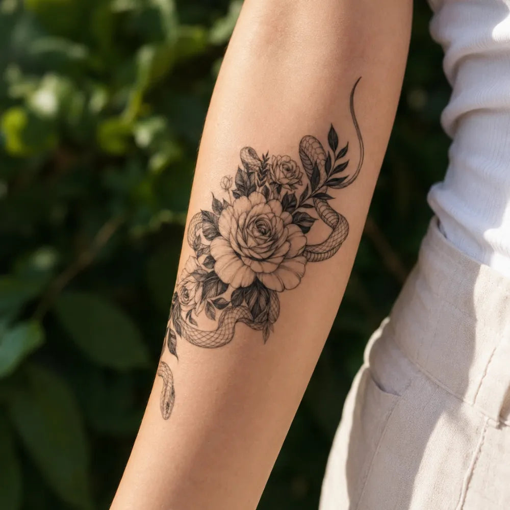 SafeTatt — Serpent Bloom · fotografie tetování na kůži